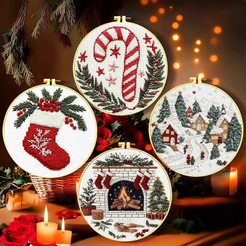 Zhenqing 11 Count Stamped Cross Stitch Kits for Adults Beginners, Hand Embroidery Christmas Ornaments kit with Instructions Embroidery Hoops,Christmas Stocking-Four-Piece Set(68446) - Image 1